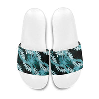 Puakenikeni Maile Lei Slide Sandals Frangipani Turquoise Tropical Leaves LT01 Turquoise - Polynesian Pride