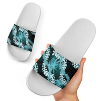 Puakenikeni Maile Lei Slide Sandals Frangipani Turquoise Tropical Leaves LT01 - Polynesian Pride