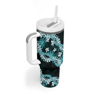 Puakenikeni Maile Lei Tumbler With Handle Frangipani Turquoise Tropical Leaves LT01 - Polynesian Pride