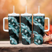 Puakenikeni Maile Lei Tumbler With Handle Frangipani Turquoise Tropical Leaves LT01 - Polynesian Pride