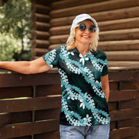 Puakenikeni Maile Lei Women Polo Shirt Frangipani Turquoise Tropical Leaves