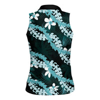 Puakenikeni Maile Lei Women Sleeveless Polo Shirt Frangipani Turquoise Tropical Leaves