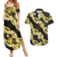 Puakenikeni Maile Lei Couples Matching Summer Maxi Dress and Hawaiian Shirt Frangipani Yellow Tropical Leaves