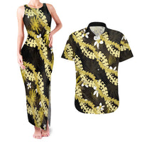 Puakenikeni Maile Lei Couples Matching Tank Maxi Dress and Hawaiian Shirt Frangipani Yellow Tropical Leaves