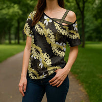 Puakenikeni Maile Lei Cross Shoulder Shirt Frangipani Yellow Tropical Leaves LT01 - Polynesian Pride