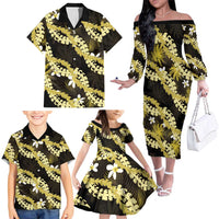 Puakenikeni Maile Lei Family Matching Off The Shoulder Long Sleeve Dress and Hawaiian Shirt Frangipani Yellow Tropical Leaves