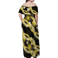 Puakenikeni Maile Lei Family Matching Off Shoulder Maxi Dress and Hawaiian Shirt Frangipani Yellow Tropical Leaves