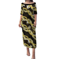 Puakenikeni Maile Lei Family Matching Puletasi and Hawaiian Shirt Frangipani Yellow Tropical Leaves