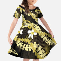 Puakenikeni Maile Lei Family Matching Short Sleeve Bodycon Dress and Hawaiian Shirt Frangipani Yellow Tropical Leaves