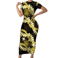 Puakenikeni Maile Lei Family Matching Short Sleeve Bodycon Dress and Hawaiian Shirt Frangipani Yellow Tropical Leaves