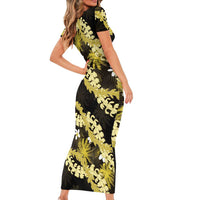 Puakenikeni Maile Lei Family Matching Short Sleeve Bodycon Dress and Hawaiian Shirt Frangipani Yellow Tropical Leaves