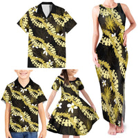 Puakenikeni Maile Lei Family Matching Tank Maxi Dress and Hawaiian Shirt Frangipani Yellow Tropical Leaves