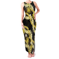 Puakenikeni Maile Lei Family Matching Tank Maxi Dress and Hawaiian Shirt Frangipani Yellow Tropical Leaves