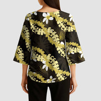 Puakenikeni Maile Lei Kimono Sleeve Blouse Frangipani Yellow Tropical Leaves LT01 - Polynesian Pride