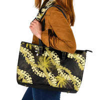 Puakenikeni Maile Lei Leather Tote Bag Frangipani Yellow Tropical Leaves LT01 Yellow - Polynesian Pride