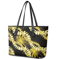 Puakenikeni Maile Lei Leather Tote Bag Frangipani Yellow Tropical Leaves LT01 - Polynesian Pride