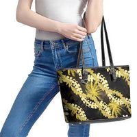 Puakenikeni Maile Lei Leather Tote Bag Frangipani Yellow Tropical Leaves LT01 - Polynesian Pride