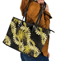 Puakenikeni Maile Lei Leather Tote Bag Frangipani Yellow Tropical Leaves LT01 - Polynesian Pride