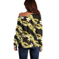 Puakenikeni Maile Lei Off Shoulder Sweater Frangipani Yellow Tropical Leaves LT01 - Polynesian Pride