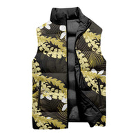 Puakenikeni Maile Lei Sleeveless Puffer Jacket Frangipani Yellow Tropical Leaves LT01 - Polynesian Pride