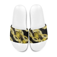 Puakenikeni Maile Lei Slide Sandals Frangipani Yellow Tropical Leaves LT01 Yellow - Polynesian Pride