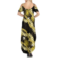 Puakenikeni Maile Lei Summer Maxi Dress Frangipani Yellow Tropical Leaves LT01 - Polynesian Pride