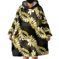Puakenikeni Maile Lei Wearable Blanket Hoodie Frangipani Yellow Tropical Leaves