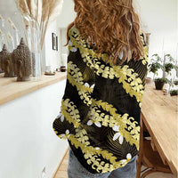 Puakenikeni Maile Lei Women Casual Shirt Frangipani Yellow Tropical Leaves