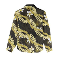 Puakenikeni Maile Lei Women Casual Shirt Frangipani Yellow Tropical Leaves