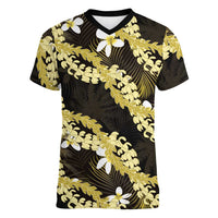 Puakenikeni Maile Lei Women V-Neck T-Shirt Frangipani Yellow Tropical Leaves
