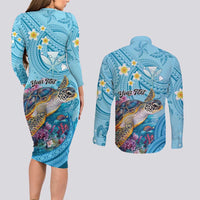 Personalized Hawaii Sea Turtle Couples Matching Long Sleeve Bodycon Dress and Long Sleeve Button Shirt Hawaii Map Ocean Vibes LT01 - Polynesian Pride