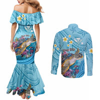 Personalized Hawaii Sea Turtle Couples Matching Mermaid Dress and Long Sleeve Button Shirt Hawaii Map Ocean Vibes LT01 - Polynesian Pride