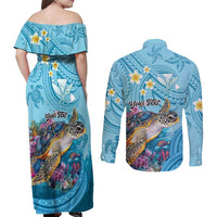 Personalized Hawaii Sea Turtle Couples Matching Off Shoulder Maxi Dress and Long Sleeve Button Shirt Hawaii Map Ocean Vibes LT01 - Polynesian Pride