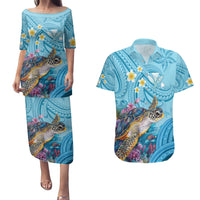 Personalized Hawaii Sea Turtle Couples Matching Puletasi and Hawaiian Shirt Hawaii Map Ocean Vibes LT01 Blue - Polynesian Pride