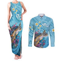 Personalized Hawaii Sea Turtle Couples Matching Tank Maxi Dress and Long Sleeve Button Shirt Hawaii Map Ocean Vibes LT01 Blue - Polynesian Pride