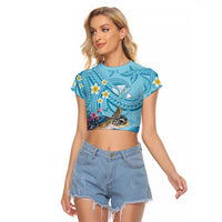 Personalized Hawaii Sea Turtle Raglan Cropped T Shirt Hawaii Map Ocean Vibes LT01 Female Blue - Polynesian Pride