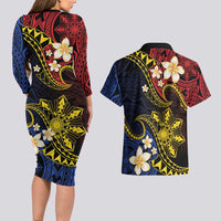 Philippines Spirit Tribal Sun Plumeria Couples Matching Long Sleeve Bodycon Dress and Hawaiian Shirt Red And Blue Polynesian Pattern