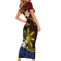Philippines Spirit Tribal Sun Plumeria Family Matching Short Sleeve Bodycon Dress and Hawaiian Shirt Red And Blue Polynesian Pattern