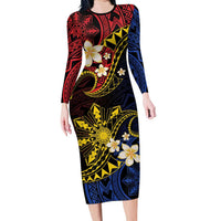Philippines Spirit Tribal Sun Plumeria Long Sleeve Bodycon Dress Red And Blue Polynesian Pattern