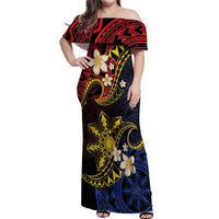 Philippines Spirit Tribal Sun Plumeria Off Shoulder Maxi Dress Red And Blue Polynesian Pattern