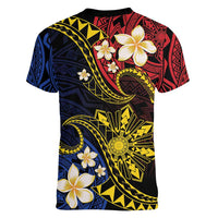 Philippines Spirit Tribal Sun Plumeria Women V-Neck T-Shirt Red And Blue Polynesian Pattern