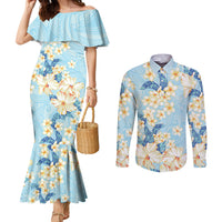 Hawaii Hibiscus Plumeria Blue Couples Matching Mermaid Dress and Long Sleeve Button Shirt Polynesian Pattern LT01 Blue - Polynesian Pride