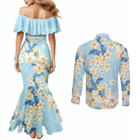 Hawaii Hibiscus Plumeria Blue Couples Matching Mermaid Dress and Long Sleeve Button Shirt Polynesian Pattern LT01 - Polynesian Pride