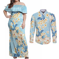Hawaii Hibiscus Plumeria Blue Couples Matching Off Shoulder Maxi Dress and Long Sleeve Button Shirt Polynesian Pattern LT01 Blue - Polynesian Pride
