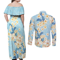 Hawaii Hibiscus Plumeria Blue Couples Matching Off Shoulder Maxi Dress and Long Sleeve Button Shirt Polynesian Pattern LT01 - Polynesian Pride