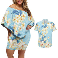 Hawaii Hibiscus Plumeria Blue Couples Matching Off Shoulder Short Dress and Hawaiian Shirt Polynesian Pattern LT01 Blue - Polynesian Pride