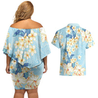 Hawaii Hibiscus Plumeria Blue Couples Matching Off Shoulder Short Dress and Hawaiian Shirt Polynesian Pattern LT01 - Polynesian Pride