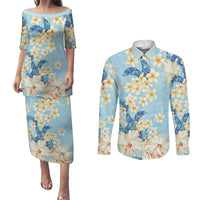 Hawaii Hibiscus Plumeria Blue Couples Matching Puletasi and Long Sleeve Button Shirt Polynesian Pattern LT01 Blue - Polynesian Pride