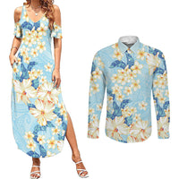 Hawaii Hibiscus Plumeria Blue Couples Matching Summer Maxi Dress and Long Sleeve Button Shirt Polynesian Pattern LT01 Blue - Polynesian Pride