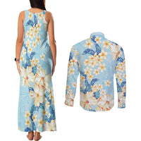Hawaii Hibiscus Plumeria Blue Couples Matching Tank Maxi Dress and Long Sleeve Button Shirt Polynesian Pattern LT01 - Polynesian Pride